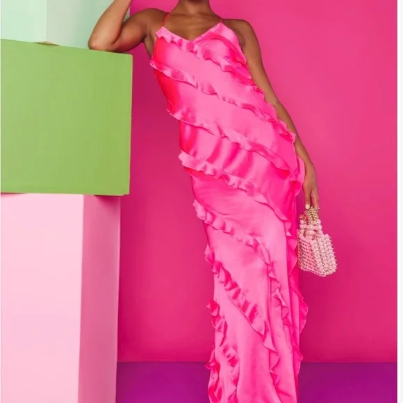 Show Me Your MuMu Hot Pink Ruffle Slip Wedding Dress - Picture 3 of 6